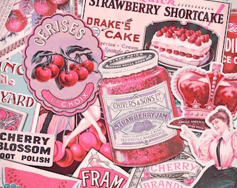 Effimere vintage di frutta rosa / DOWNLOAD DIGITALE / Kit di scrapbooking stampabile Junk Journal / Fragola, ciliegia, bacche rosse, anguria / Carte alimentari