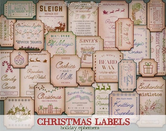 May include: A collection of vintage-style Christmas labels with illustrations and text. The labels feature themes like Santa's Workshop, Christmas Lights, Reindeer Hoof Polish, Cookies and Milk, Beard Wax, and Knitting Supplies. The labels are printed on a cream-colored background with brown borders.