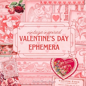 Vintage Valentine&#39;s Day Ephemera | DIGITAL DOWNLOAD | Junk Journal | Vday Card | Pink & Red | Printable Kit | Scrapbook Tag | Collage Sheets