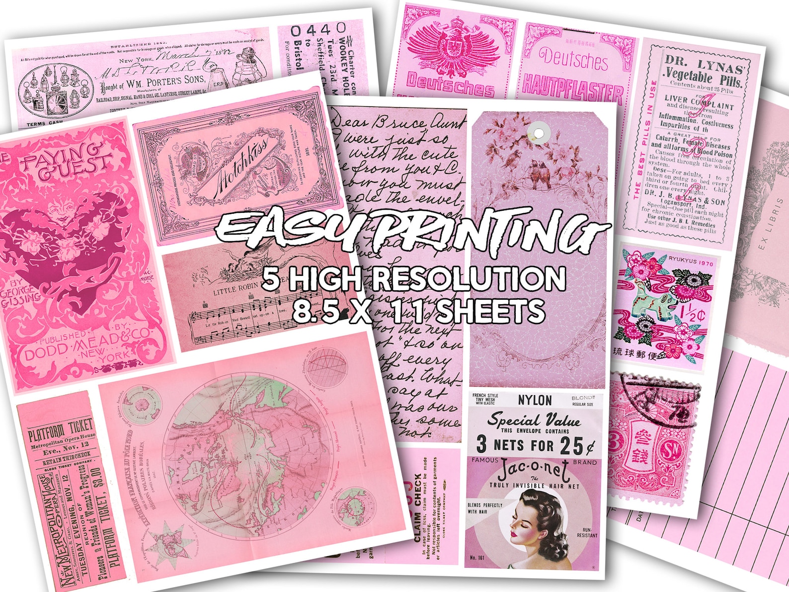 Pink Vintage Ephemera DIGITAL DOWNLOAD Junk Journal Etsy