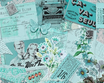 Oggetti effimeri vintage ciano pallido, DOWNLOAD digitale, diario spazzatura, blu verde acqua pastello, kit stampabile, scrapbooking, fogli collage, etichette retrò