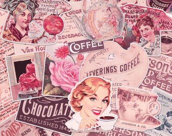 Caffè, tè e cacao Vintage Ephemera / DOWNLOAD DIGITALE / Junk Journal / Rosa pastello / Kit stampabile / Foglio collage di scrapbooking / Etichette retrò