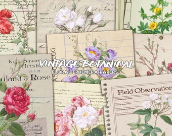 May include: Vintage botanical floral ephemera papers with images of roses, flowers, and plants. The papers have a vintage look and feel, with handwritten text and faded colors.