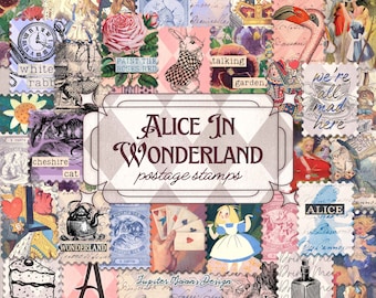 Francobolli Alice nel Paese delle Meraviglie / DOWNLOAD DIGITALE / Diario spazzatura / Scrapbooking Ephemera vintage / Kit stampabile / Foglio adesivo Collage
