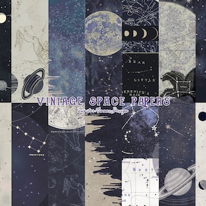 Vintage ruimtepapieren | Efemere | DIGITALE DOWNLOAD | Plakboek | Ongewenste krant | Digitaal papier | Astronomie | Sterren | Maan | Collage