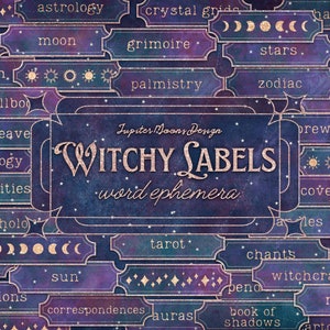 Op de afbeelding: Een verzameling digitale labels in paars en blauw met gouden glitteraccenten. De labels bevatten woorden die te maken hebben met hekserij, zoals "astrologie", "grimoire", "tarot", "coven", "drankjes" en "hekserij". De labels zijn ontworpen om te gebruiken als digitale stickers of om te printen.