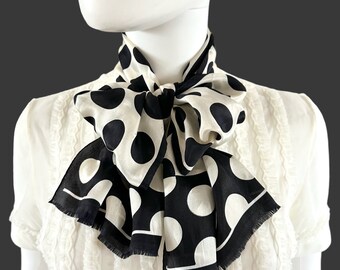 Vintage Silk Black & White Polka Dot Mod Rectangle Scarf 52.5" x 11.5"