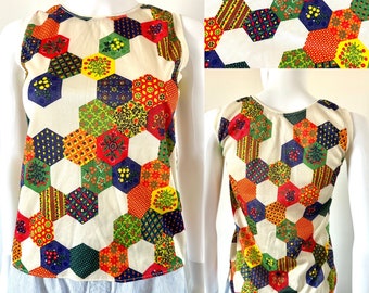 Vintage One-of-a-Kind Handmade Patchwork Style Hippie Honeycomb Hexagon Print Tank Top Fits S