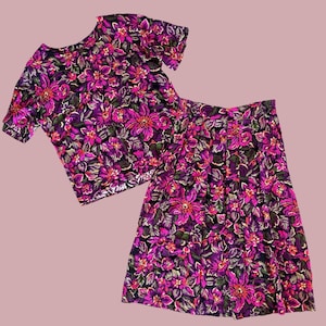 Vintage 80&#39;s Norton McNaughton 2PC Skirt + Blouse Dress Set Vibrant Floral Fits L 32-35&quot;W