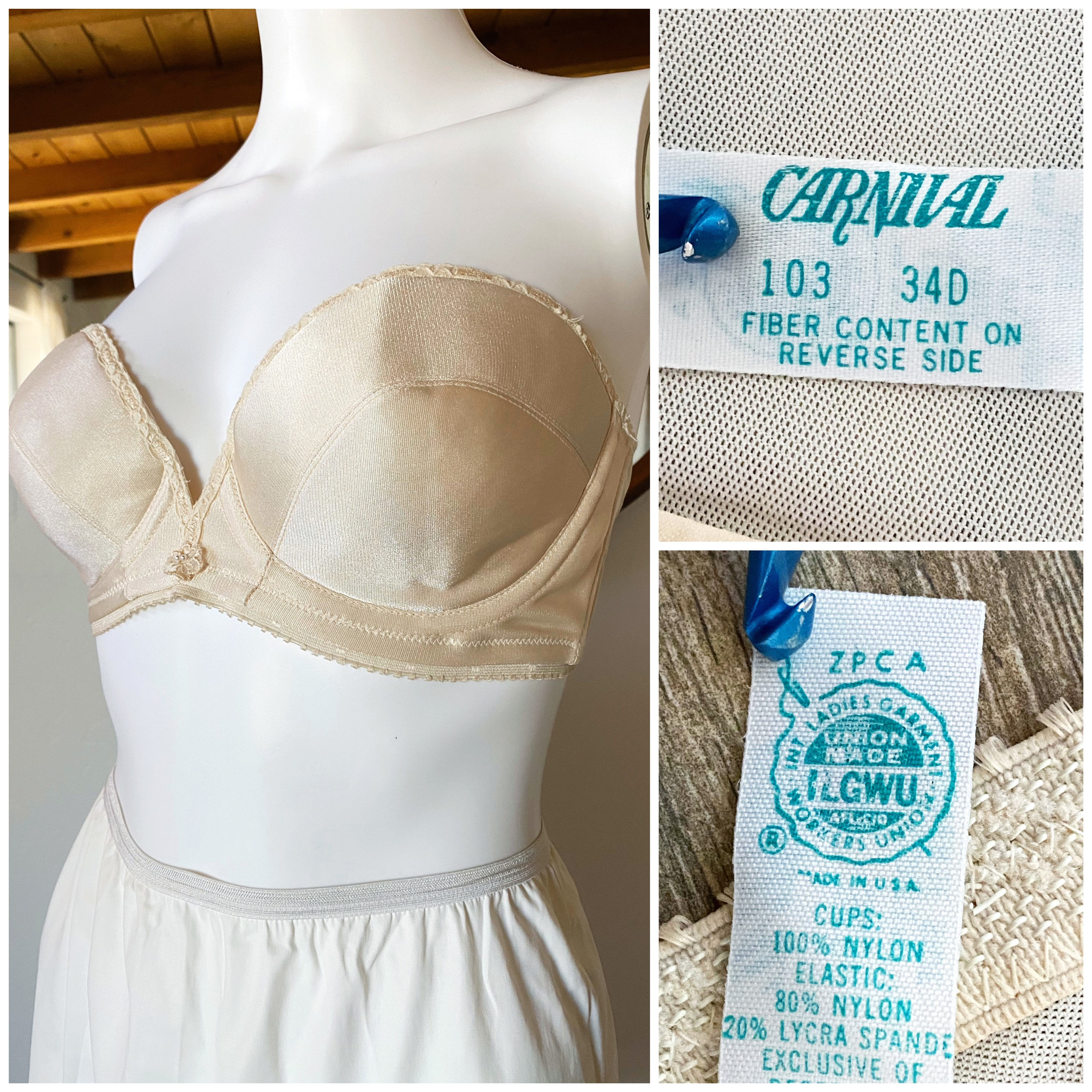 Vintage 60's 70's Carnival Beige Strapless Bra Underwire Bustier ILGWU Made  in USA Tag Size 34D 