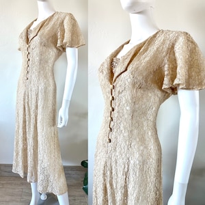 Vintage 90&#39;s Dawn Joy Sheer Beige Lace Midi Dress Corset Back Fairy Boho Coquette Fits S