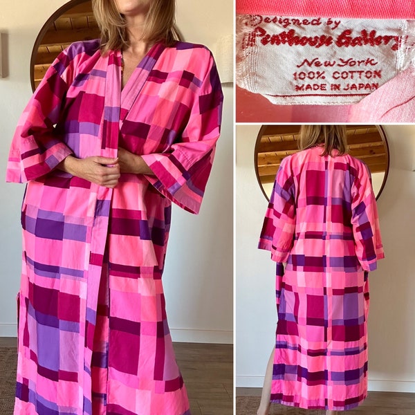 Vintage 60's 70's Rare Penthouse Gallery Vibrant Pink Purple Color Block Cotton Kimono Robe One Size