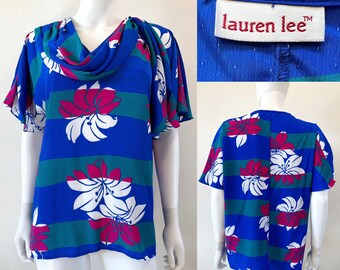 Vintage 80's Lauren Lee Tropical Floral Silky Jacquard Blusa de manga corta Fits M