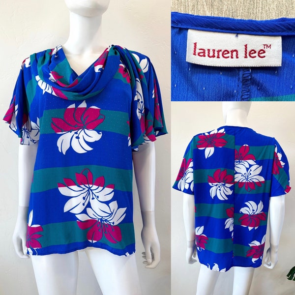 Vintage 80's Lauren Lee Tropical Floral Silky Jacquard Short Sleeve Blouse Fits M