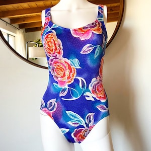 Vintage 80&#39;s 90&#39;s Penbrooke Colorful Floral Print One Piece Swimsuit ILGWU Made In USA Built-In-Bra Tag Size 12 Fits S-S/M