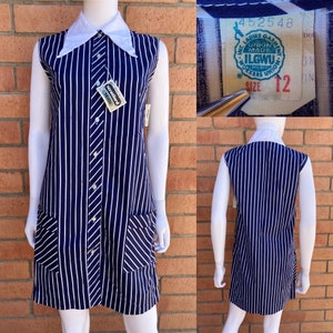 Vintage 60's Deadstock Navy Blue White Stripe Sleeveless Button Up Shift Dress Dart Collar ILGWU Union Made Size 12 Fits S