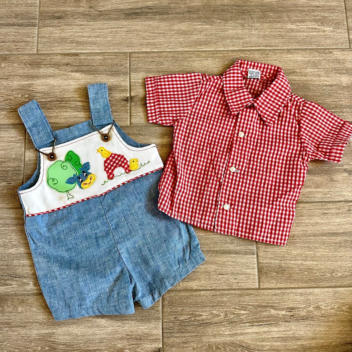Vintage 60's 70's Cute Togs 2PC Gingham Shirt + Farm Homestead Overalls ...