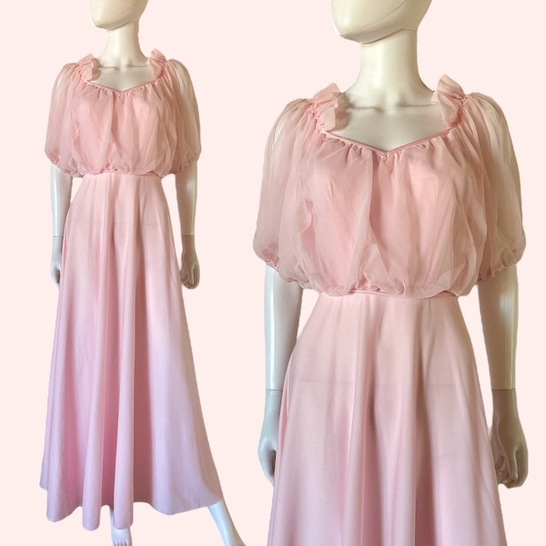 Vintage 70's Light Bubblegum Pink Maxi Gown Prom / Bridesmaid Dress Fits XS/S-S