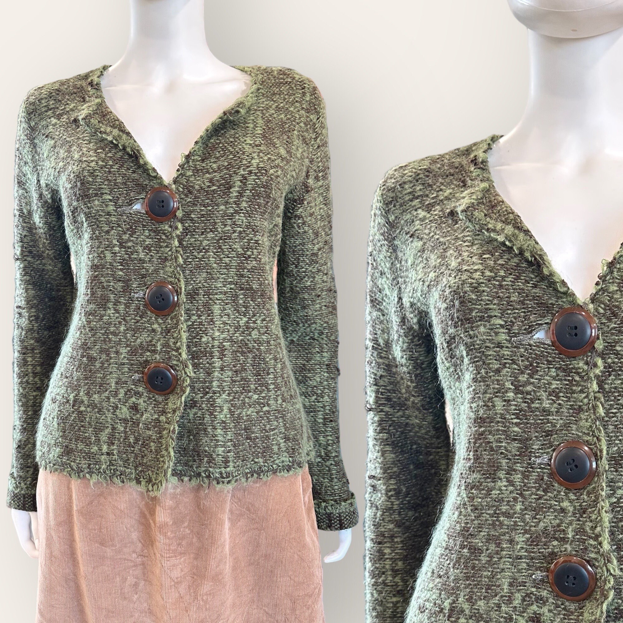 Vintage 90's Curio Green Fuzzy Wool Blend Knit Button-up Cardigan
