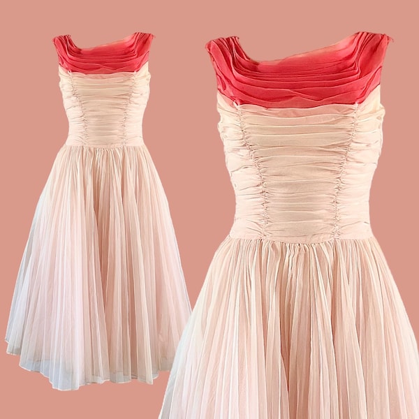 Vintage 1950's Pink Pleated Organza Fit & Flare Party Gown Prom Dress Fits XS-XS/S
