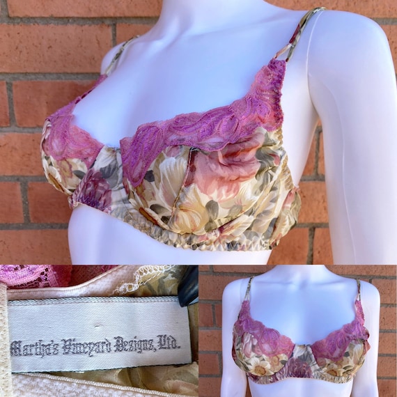 Vintage 90's Martha's Vineyard Designs Sexy Semi Sheer Floral Chiffon Pink  Lace Underwire Demi Bra USA Made Size 36C 