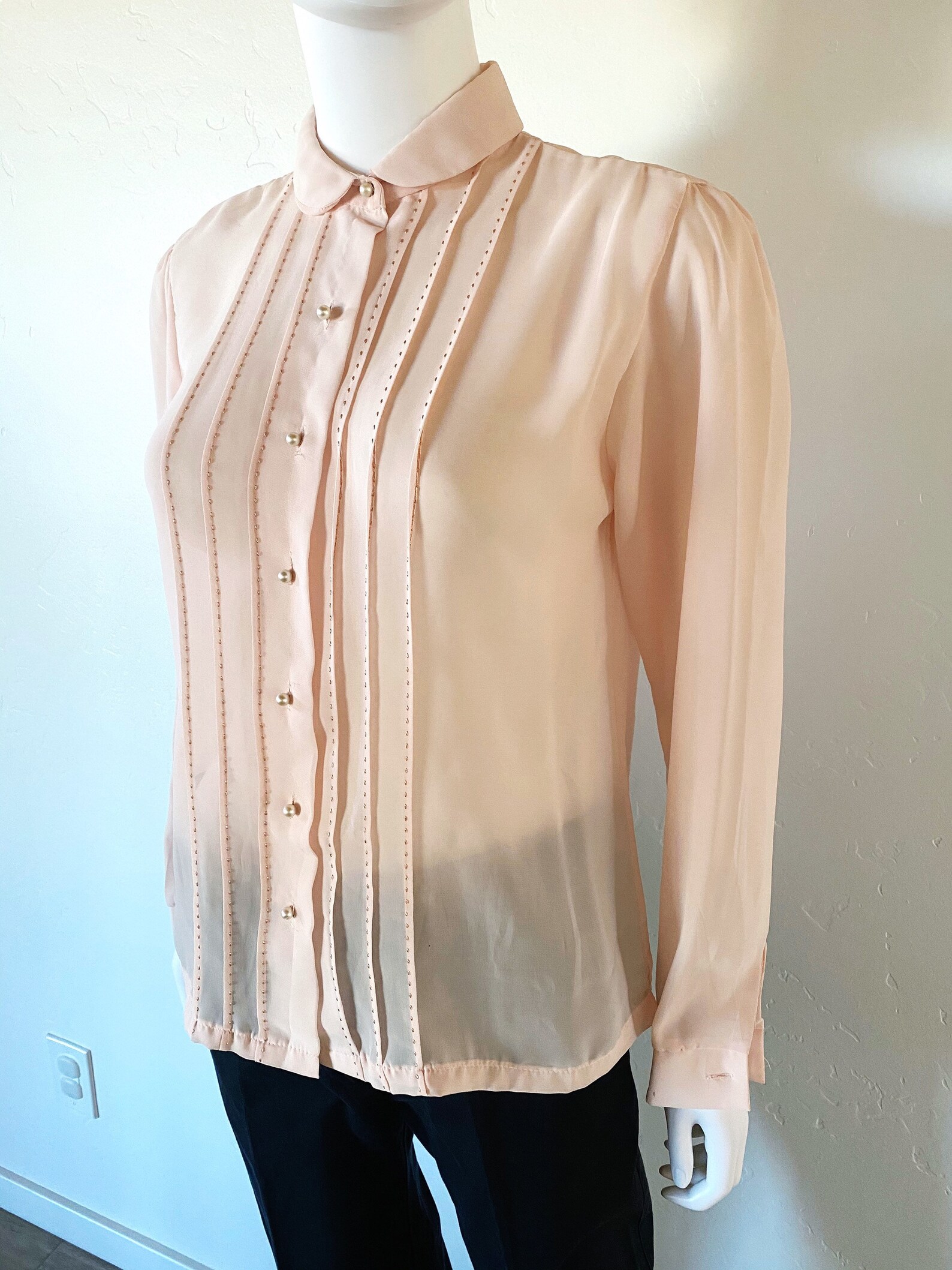 Vintage Shapely Blouse Light Pink Semi Sheer Round Pearl Etsy