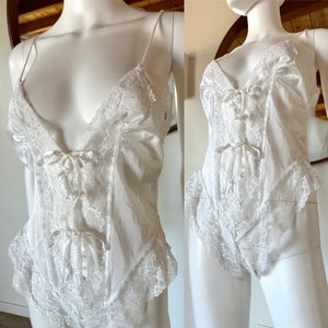 Vintage 80&#39;s Alana Gale White Teddy Sexy Nylon + Lace Lingerie Romper Bodysuit Size L