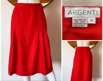 Vintage 80's Argenti Pure Silk Red Preppy Skirt Front Pleat High Waisted Tag Size 8 Fits XS/S 2-4 26.5-27" W