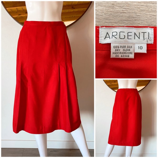 Vintage 80's Argenti Pure Silk Red Preppy Skirt Front Pleat High Waisted Tag Size 8 Fits XS/S 2-4 26.5-27" W