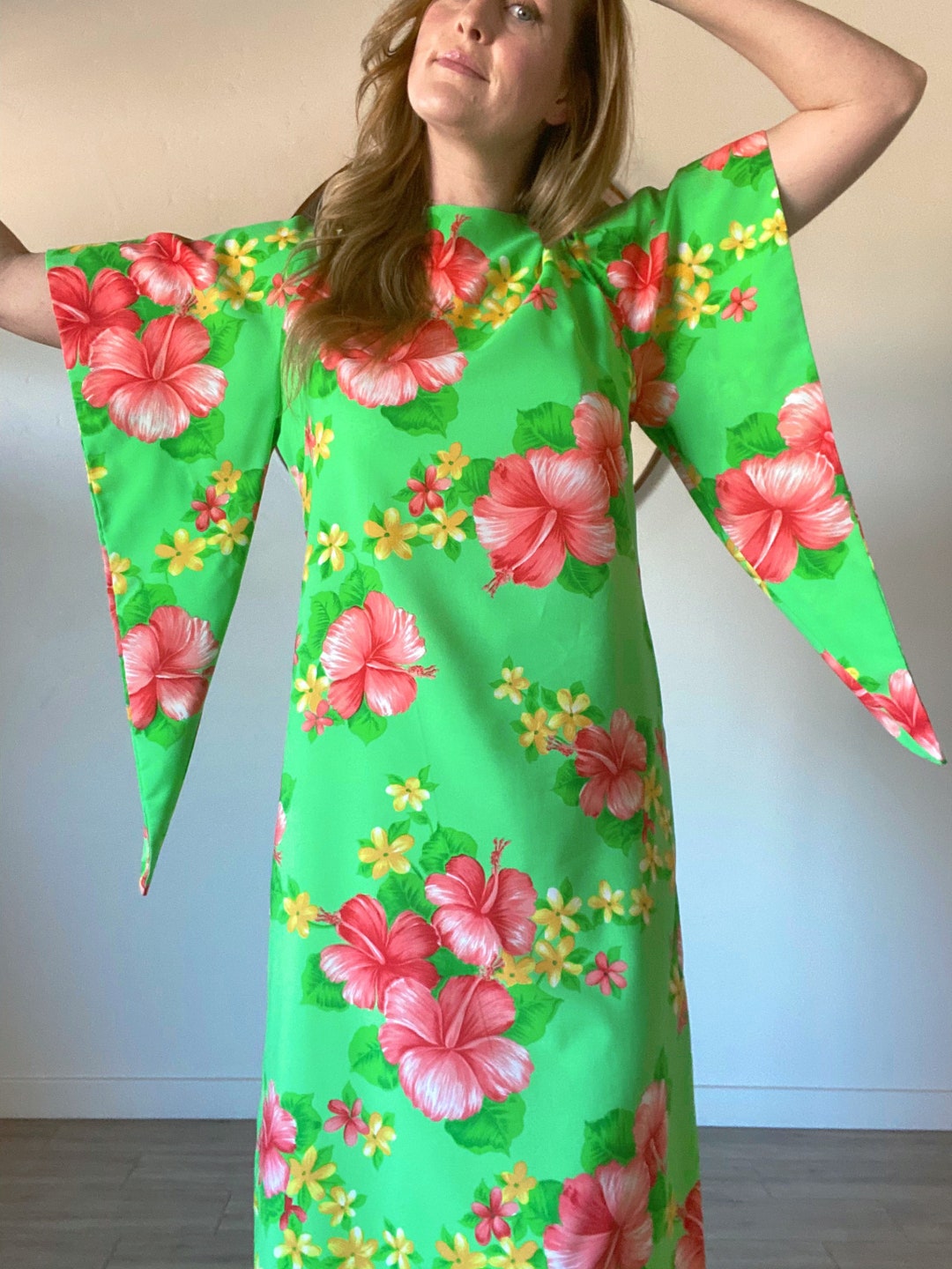 Vintage 70's Hawaiian Kaftan Caftan Maxi Dress Pake Muu Hibiscus Flower ...