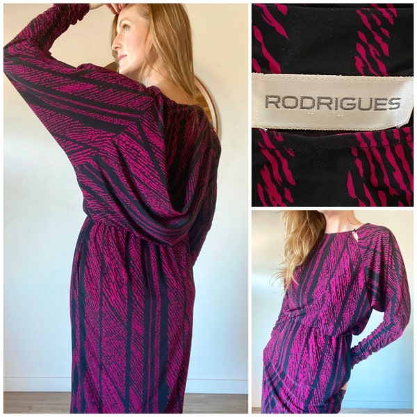 Vintage 80's Rodrigues Designer Draped Back Dolman Sleeve Stretchy Cocktail Dress Black Magenta Abstract Fits M