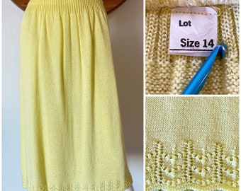 Vintage 70's Yellow Knit Skirt High Waisted Knee Length Spring Summer Eyelet Hem Tag Size 14 Fits M 27-31"W