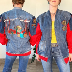 Vintage 80&#39;s Southwestern Reworked Denim + Fleece Jacket Levi&#39;s Pocket Saguaro Coyote Appliques Fits M-XL