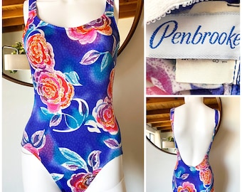Vintage 80's 90's Penbrooke Colorful Floral Print One Piece Swimsuit ILGWU Made In USA Built-In-Bra Tag Size 12 Fits S-S/M