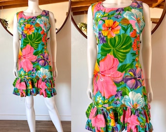 Vintage 60er 70er Südsee Hawaiianisch Bunt Tropisch Blumen Sommer Kleid Passt S-S/M