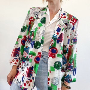 Vintage 80&#39;s Arielle Abstract Colorful Lightweight Long Blazer New Wave Style Fits M-L