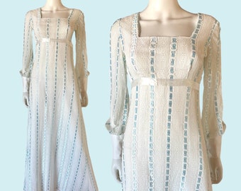 Vintage 70's White + Blue Lace Bishop Sleeve Empire Waist Maxi Dress Fits XS-XS/S