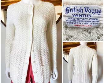 Vintage 60's British Vogue Wintuk Lightweight Ivory Button Up Knit Cardigan Sweater 100% Acrylic Made in USA Fits S-M