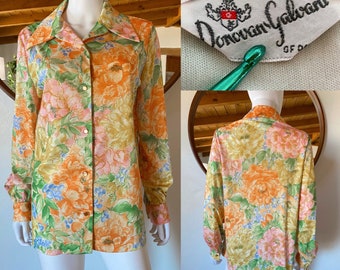 Vintage 60's 70's Mod Floral Check Print Sleeveless Button Up Tunic Blouse Polyester Pockets Fits M