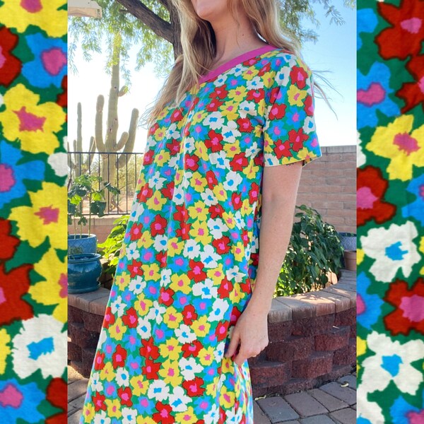 Vintage 70's 80's Handmade Colorful Floral House Dress Hippy Lightweight Cotton Shift Dress Fits M-L