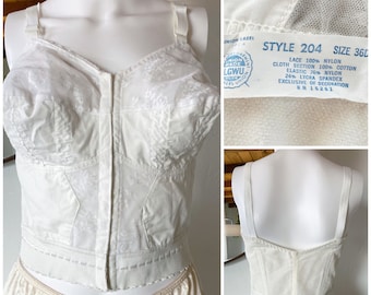 Vintage 60's White Lace Bustier Bra Lingerie Front Closure ILGWU Union Made In USA Size 36D