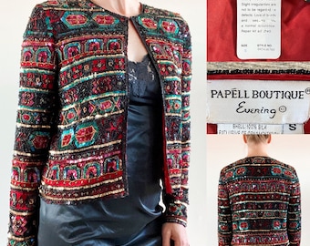 Vintage 90er Jahre Papell Boutique Abend Seide Perlen Pailletten Formal Jacke Multi-Color Größe S passt S-M