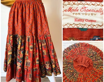 Vintage Handmade 80's 90's Southwest Style Tiered Ruffle Circle Skirt Rusty Red Fits XS (24" W)