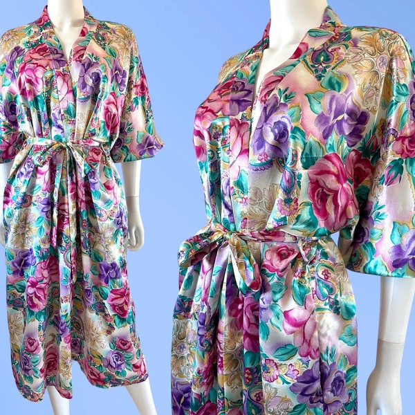 Vintage 80's Adonna Floral Satin Balloon Sleeve Long Dressing Gown Robe Waist Tie Pockets S/M-L