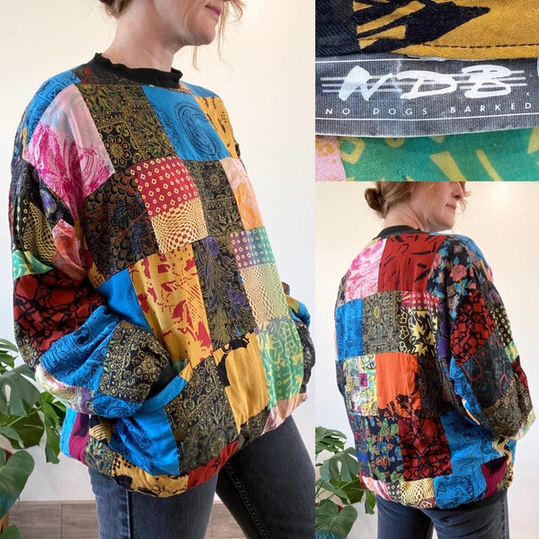 Vintage 90's NDB No Dogs Barked Funky Abstract Colorful Patchwork Reversible Slouchy Pullover Sweatshirt OS