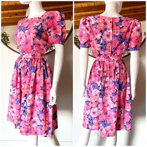 Vintage 80&#39;s 2 Piece Dress Set Pink Purple Floral Print Lightweight Short Sleeve Blouse + Skirt Fits S/M 28&quot; Waist