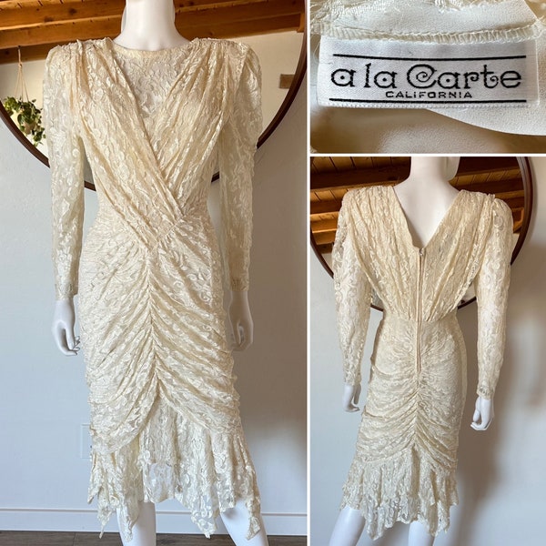 Vintage 80's A La Carte California Ivory Cream Sheer Lace Ruched Midi Fishtail Cocktail Dress Fits S