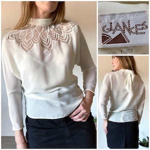 Vintage 70&#39;s 80&#39;s Glances Ivory Dolman Sleeve Blouse Sheer Illusion Leaf Print Chest Rolled Neckline Tag Size 4 Fits S/M