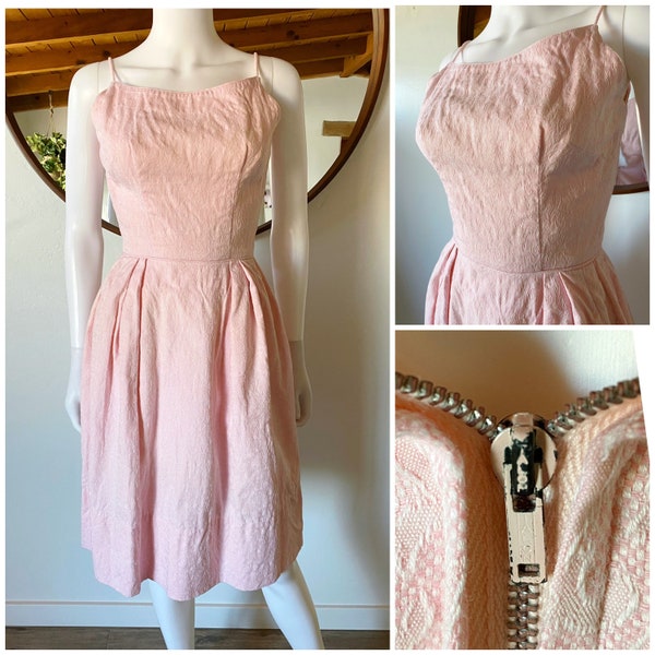 Vintage Late 50's Handmade Pink Spaghetti Strap Fit & Flare Dress Woven Cotton Damask Talon Metal Zipper Fits XXS 22" Waist