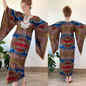 Vintage 70&#39;s Tribal Rotary Java Print Embroidered Maxi Kaftan Dress Angel Wing Sleeves Tag Fits S-M